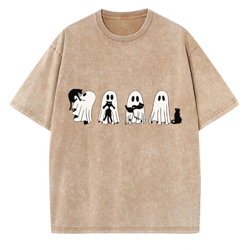 Cartoon Cat With Ghost Print Women T-Shirt Oversized Crew Neck Wash Loose Short Sleeve Unisex Minimalist Top Cute Sweetheart Y2k