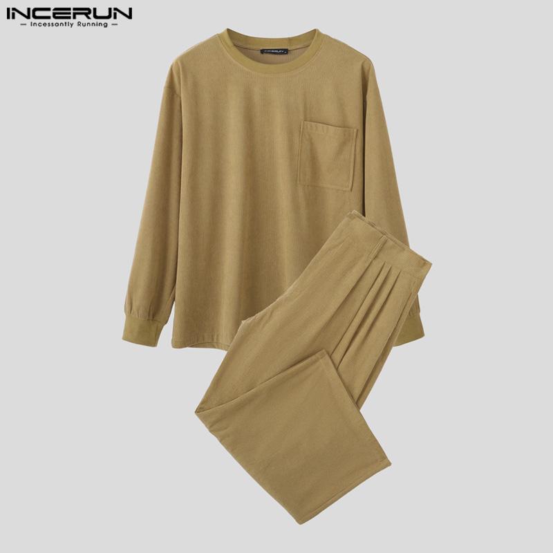 INCERUN Two Pieces Autumn Men Long Sleeve Pullovers Long Pants Casual Corduroy Sets Outfits