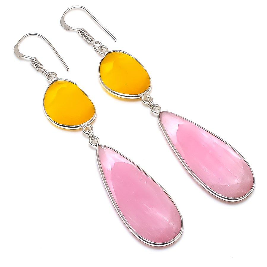 Pink Chalcedony, Yellow Onyx Gemstone 925 Sterling Silver Earring 3.15" GK-6439