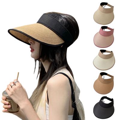 Sombrero de copa vacío de moda Sombrero de paja de verano Ala ancha Visera solar de playa Gorra para coleta para actividades al aire libre Acampada Correr