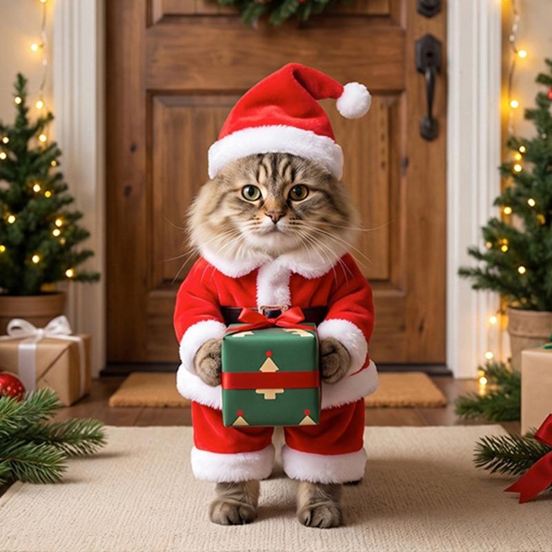 Julekostume til kæledyr med Julemandshat og Kropsdragt, Karakterpræsentation med Gavebæring til Sæsonens Foto