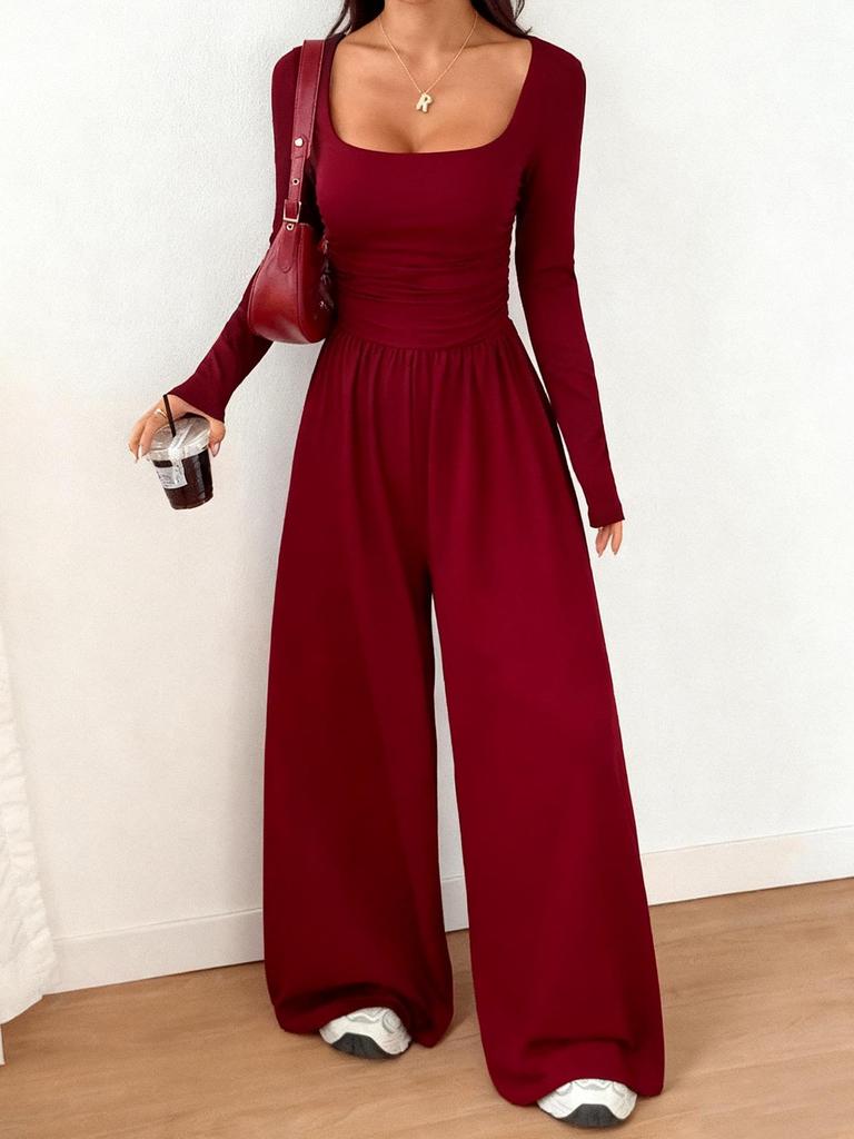 Tuta da donna 2026 con scollo quadrato e gamba larga: Vita Alta, Manica Lunga, Stile Europeo & Americano, Design Casual con Cintura in Vita