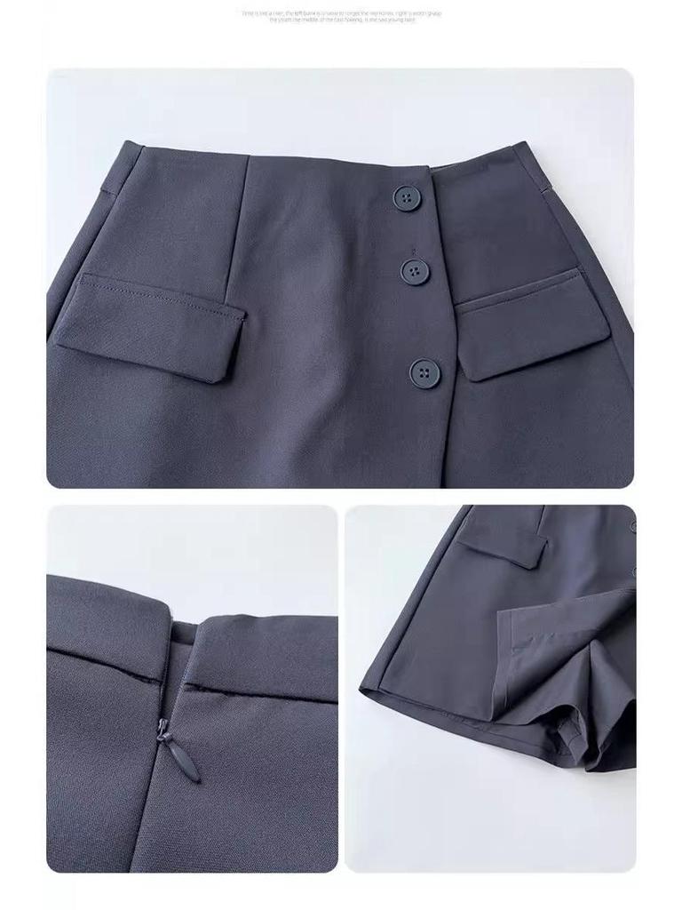 2025 Irregular High-Waisted Slimming A-Line Shorts Skirt with Button Detail - Women's Wide-Leg Pants