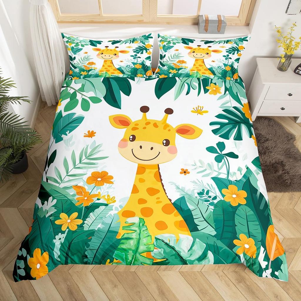 Lovely Girafe Soft Duvet Cover Set Children Kids Carton Animal Warm Comforter Cover Set Young Boys Young Girls Bedrom Decor Floral Single Quen Beding