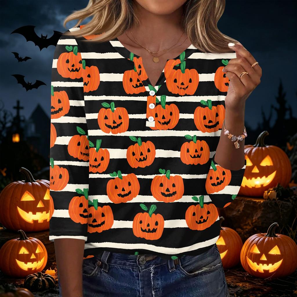 Women's Casual Halloween Print V Neck Button Front Three Quarter Sleeve T Shirt Top for Fall Seasonal Wear