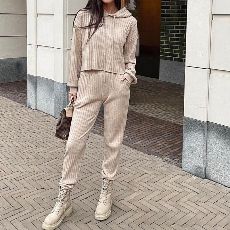 Women Autumn Winter Solid Color Loose Knitted Sweatshirt Suit Casual Long Sleeved Striped Hoodie Long Straight Leg Pants Two-piece Set