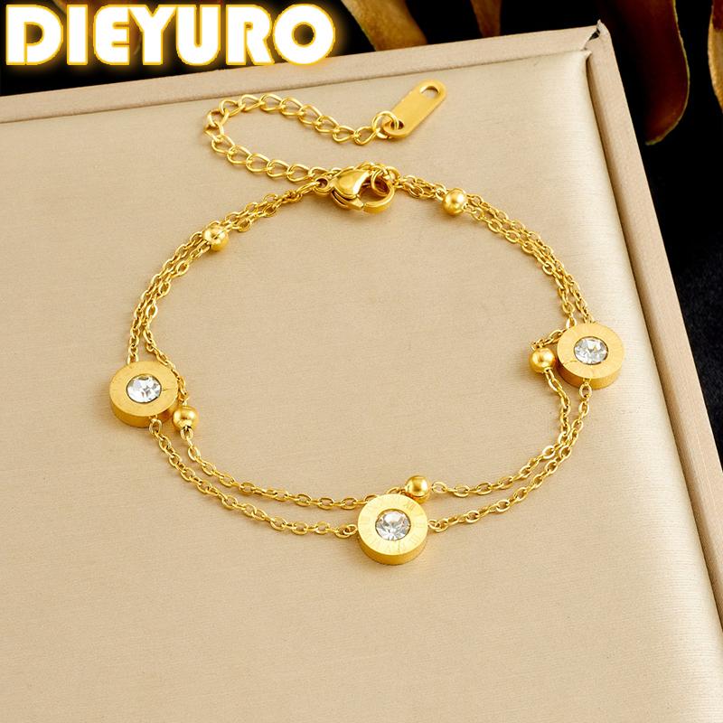 DIEYURO 316L Stainless Steel Golden Roman Numerals Round Inlay Zircon Double layer Bracelet Lady Fashion Wrist Chain Jewelry