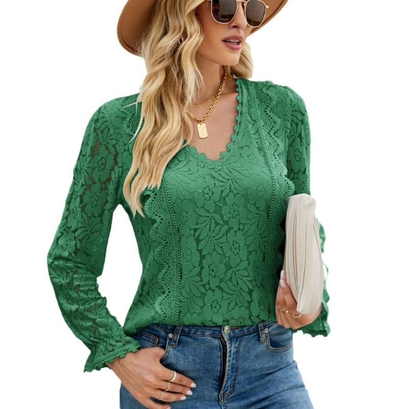 Vår och höst Dam Blus Spets Långärmad Enfärgad Utskuren Spets Sexig Stickad Topp