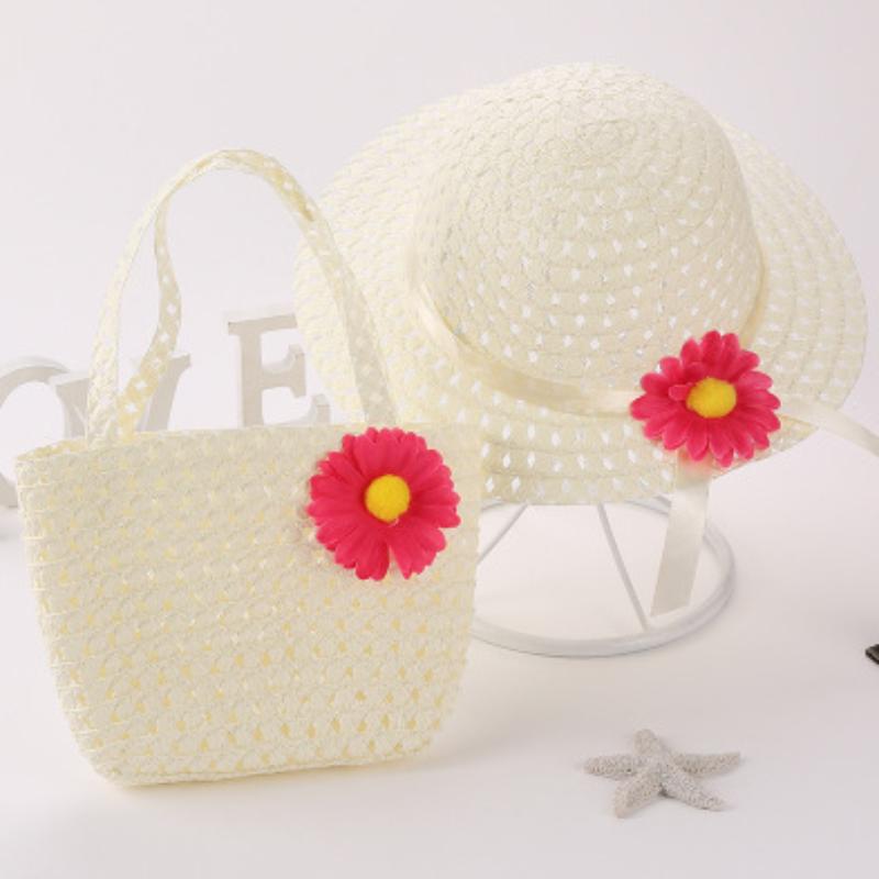 Kids Charm Princess Straw Baby Girl Sun Beach Hat Flower Cap & Handbag Lovely Summer