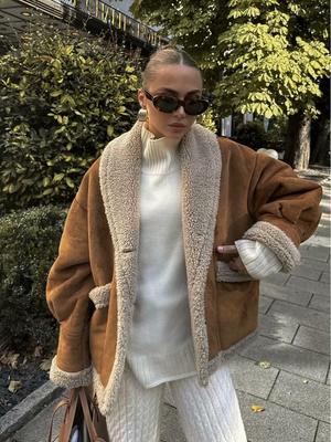 Manteau en Laine Cuir et Fourrure Rétro Américain pour Femme Automne/Hiver 2024 à Revers