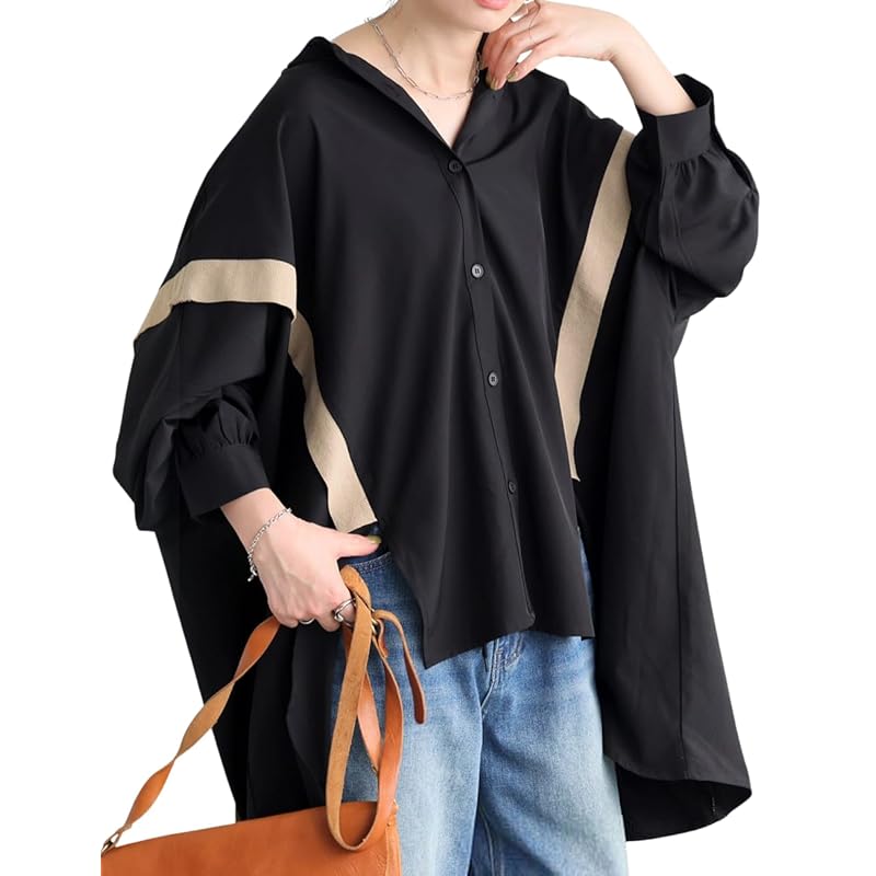 

[antiqua] [Antica] switching shirt ladies tops long sleeve PY-00803 Onesize 05 black
