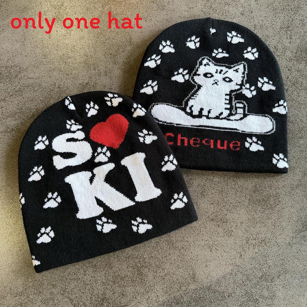 Acrylic Knit Hat With Cat And Letter Jacquard Design For Women Men In Autumn And Winter