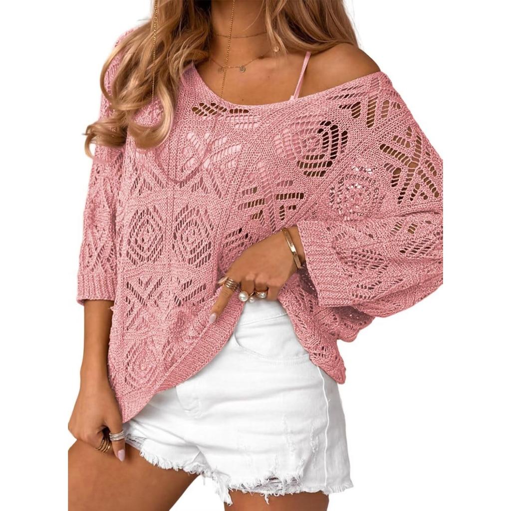 Women's Loose Knit Sweater Lightweight Crochet Pullover Long Sleeve Casual Top with Openwork Pattern and Batwing Sleeves for Daily Wear