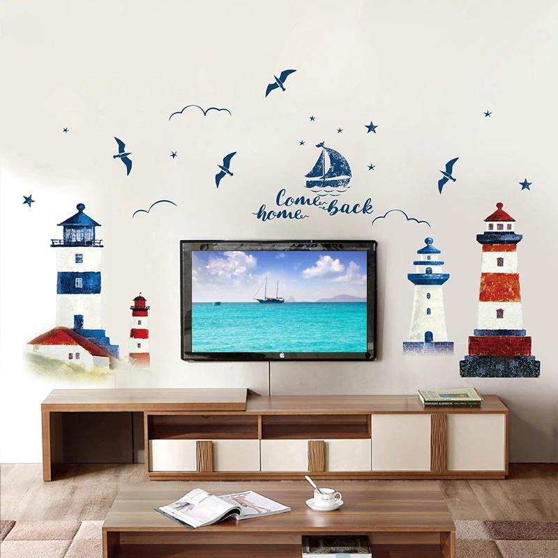 Sea Sailboat Lighthouse Wall Sticker Living Room Background Art Decal Home Decor Sea Sailboat Lighthouse Wall Sticker Living Room Background Art Decal Home Decor