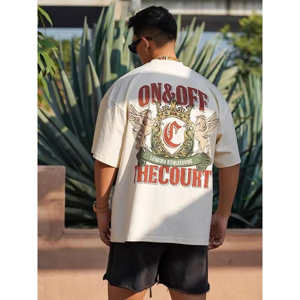 American Street Retro Printing T-shirt Short Sleeve Small Neckline Heavy Men's and Women's Pure Cotton T-shirt