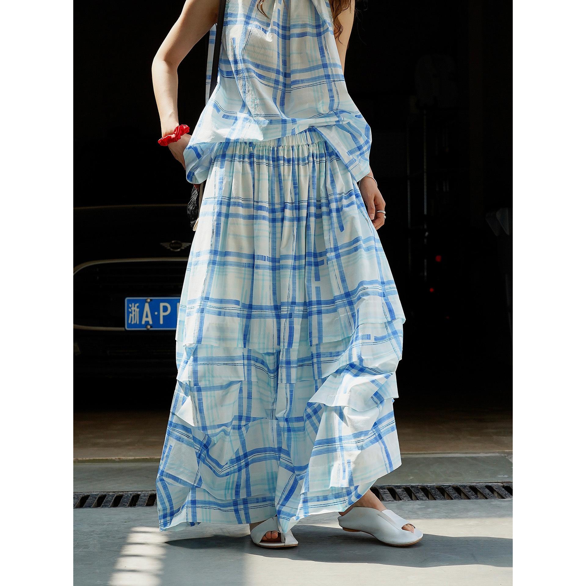 

Johnature Summer French Resort Skirts Fashion All Match Plaid Elastic Waist Loose Casual Irregular Skirts Women M синий