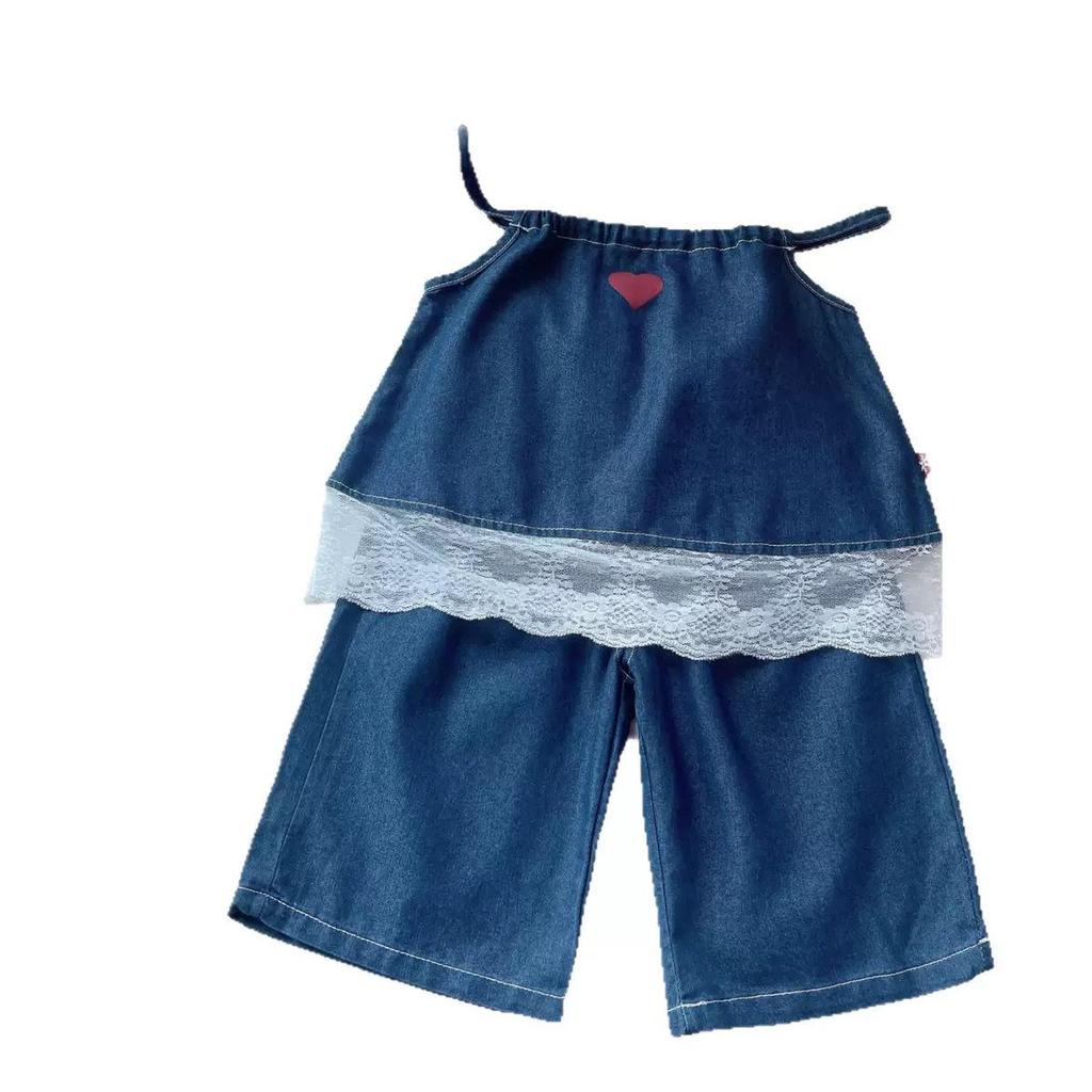 2026 Girls' Lace Denim Suspender Wide-Leg Pants Set: Trendy Summer Style