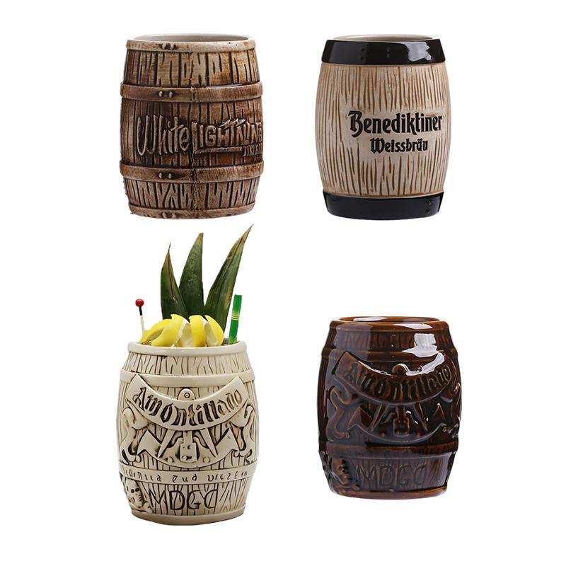 Hawaii Ceramic Tiki Mug Creative Cocktail Cup Easter Island Tiki Mugs Halloween Gift Barrel Shaped Wine Mug for Bar Accessories