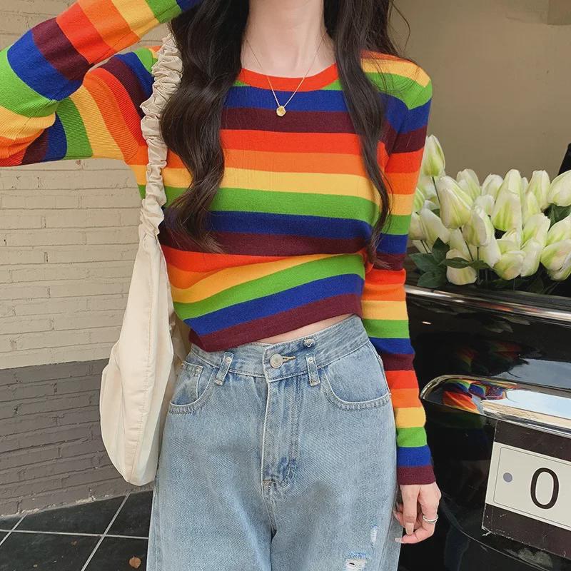 2025 Slim Fit Korean Rainbow Striped Navel-Baring Sweater