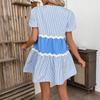 Ladies' Summer Fashion A-line Dress With Lace Stripe Print Splicing Loose And Cool Stand Up Collar Dress