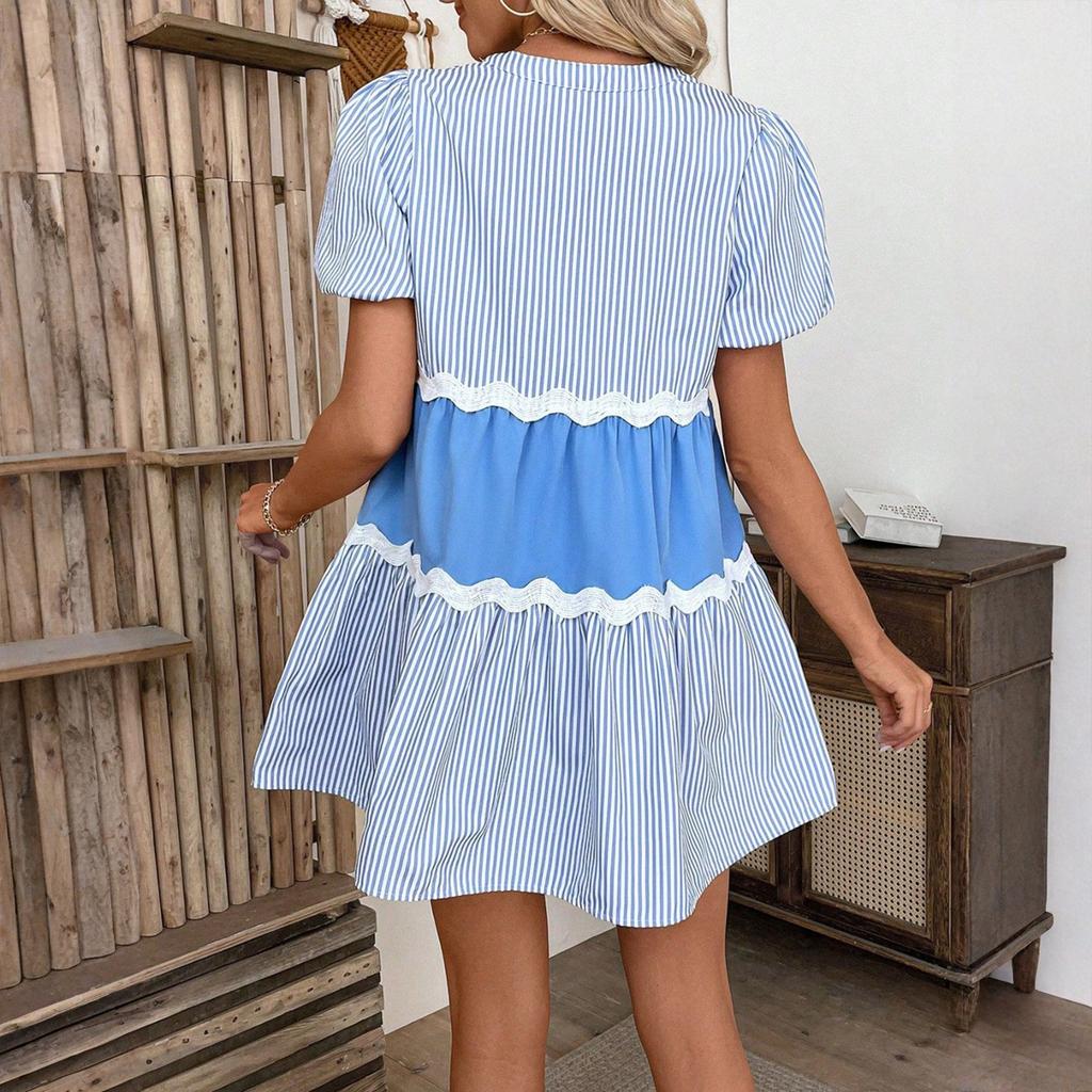 Ladies' Summer Fashion A-line Dress With Lace Stripe Print Splicing Loose And Cool Stand Up Collar Dress