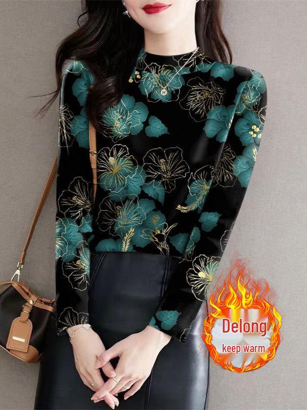 Women's Ribbed Fleece Base Layer Top: Half-High Neck, Long Sleeves, Stylish Print, Versatile for Middle-Aged & Elderly, Slimming Fit.