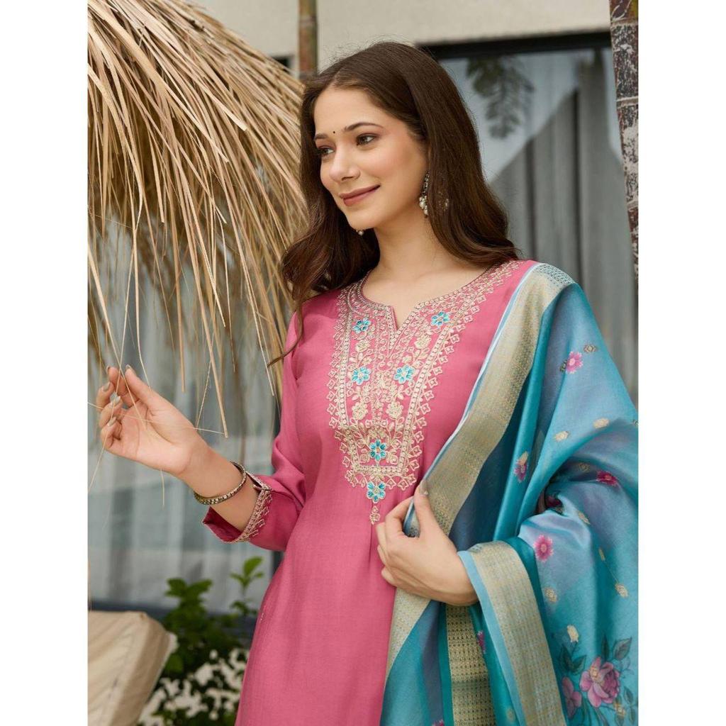Women's Viscose Silk Embroidered Straight Kurta with Pant And Dupatta Sets