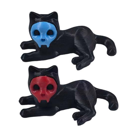 Cat Pen Holder 3D Printed Black Cat Ornament Cat Figurine with Detachable Skull Mask for Home Office Desk Halloween Decoration