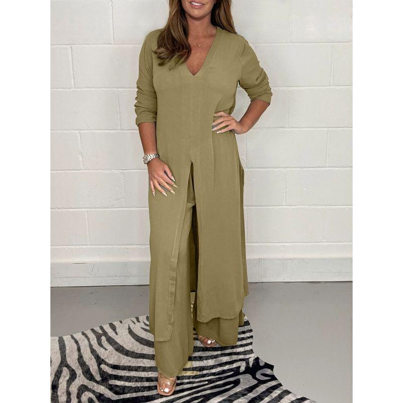 Plus Size Women's Clothing Chubby Girl Autumn New Fashion Solid Color and V-neck Split Long Sleeve Shirt Pants Two-piece Set Suit