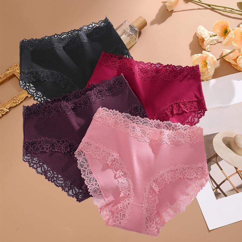 FINETOO 4PCS Sexy Lace Cotton Panties for Women Flroal Lace Seamless Briefs High Rise Lingerie Female Breathable Soft Underwear