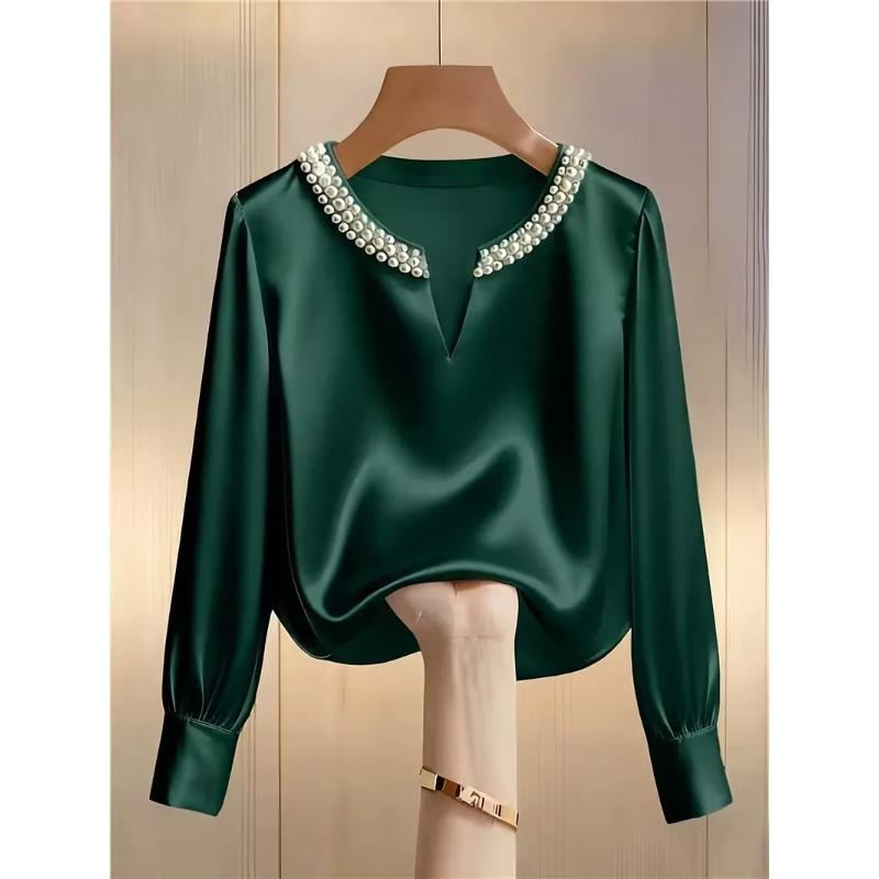 Bluză Satinată cu Mărgele, Decolteu în V, Mânecă Lungă, pentru Femei, Top Elegant Formal