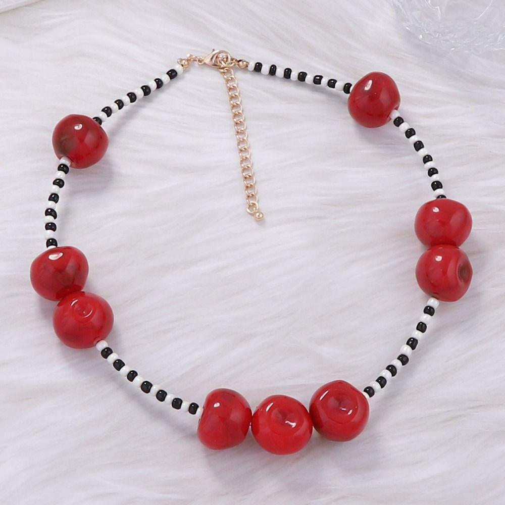 Handmade Red Bead Necklace Korean Style Y2K Clavicle Chain Retro Fruit Cherry Necklace  Women