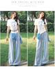 Petite Women's Blue Plaid High Waist Elastic Summer Pants - Yamamoto Drape Casual Straight Wide Leg 