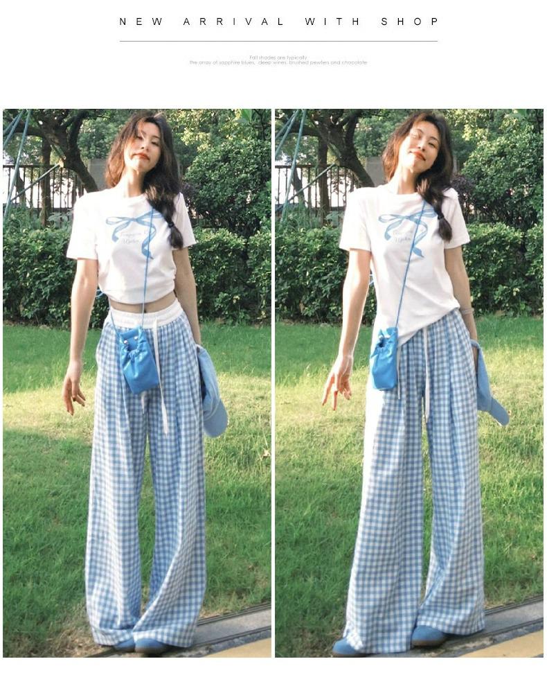 Petite Women's Blue Plaid High Waist Elastic Summer Pants - Yamamoto Drape Casual Straight Wide Leg 