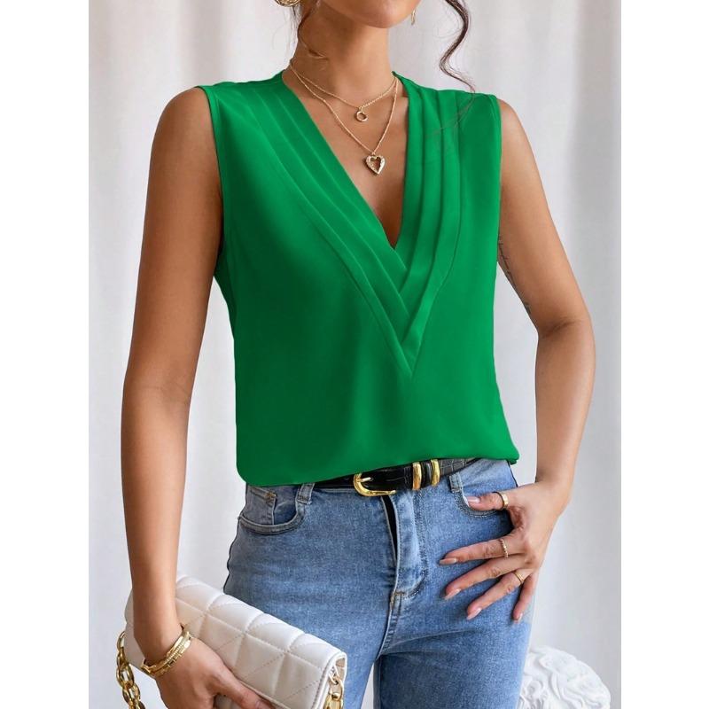 IHUASU Women's Fashion Casual Solid Color Print Sleeveless V Neck Blouses & Shirts Unique design