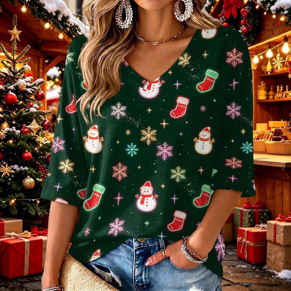 Women's V-Neck Three-Quarter Sleeve Casual Christmas Print Top