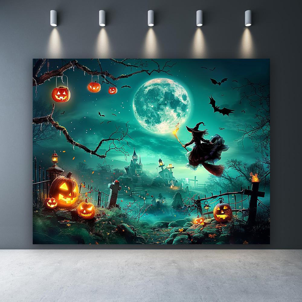 1pc, Halloween photography background - full moon night castle pumpkin party backdropzyc