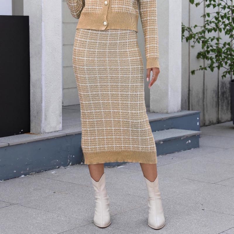 Women's Skirt Lady Temperament Skirt Mid-length Hip-pack Elastic Waist Stretch Plaid Sweater Skirt