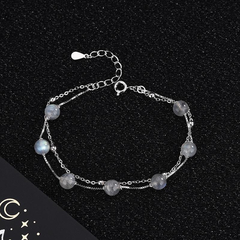 S925 Sterlingsølv Krystall Månestein Dobbeltlags Armbånd Koreansk Stil Skoggrå Månelys Kule Armbånd