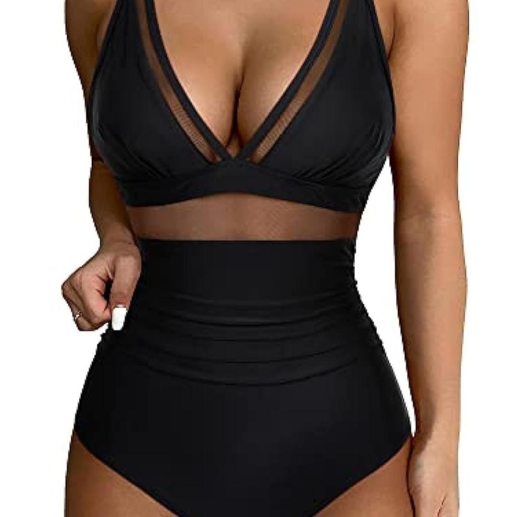 One-piece Swimsuit Sexy Hollow Mesh Deep V Gathering Perspective Bikini Swimsuit