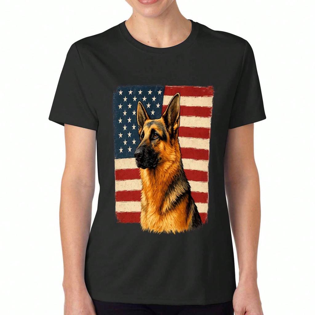 German Shepherd American Flag Unisex Cotton T Shirt, Pure Cotton Premium Print, Durable, Casual Fashion, Great Gift For Dog Lovers And Patriotic Ameri