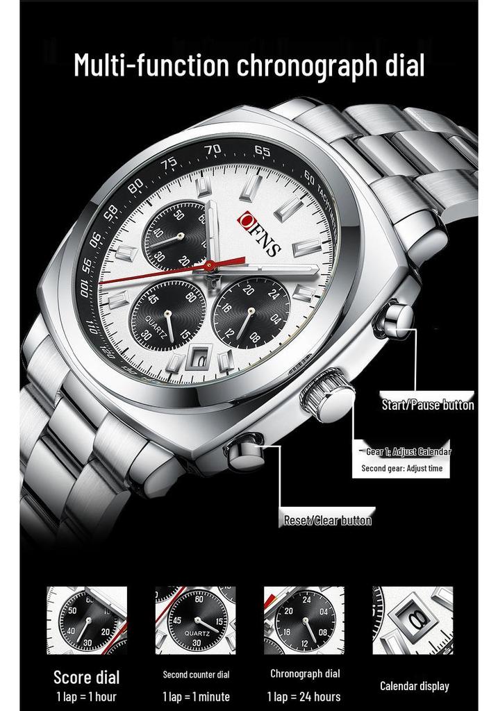 OFNS Men's Multi-Function Waterproof Quartz Watch - Business Edition with Calendar and Six-Hand Chronograph.