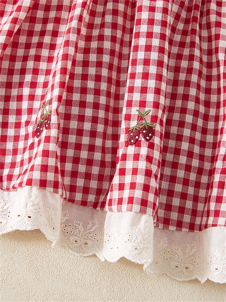 Mädchen Marineblau Kragen Kirschbestickt Sommerkleid – College-Stil Prinzessinnenmode