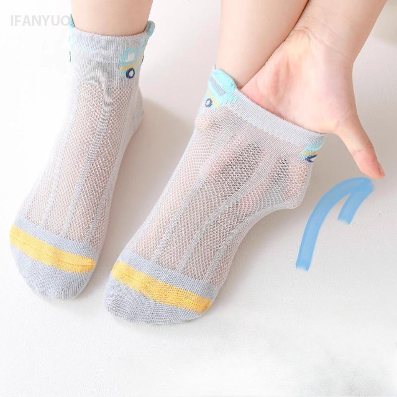 5 Pairs Kids Cotton Mesh Socks Summer Breathable Cartoon Sports Ankle Socks For Boys Girls Students Thin