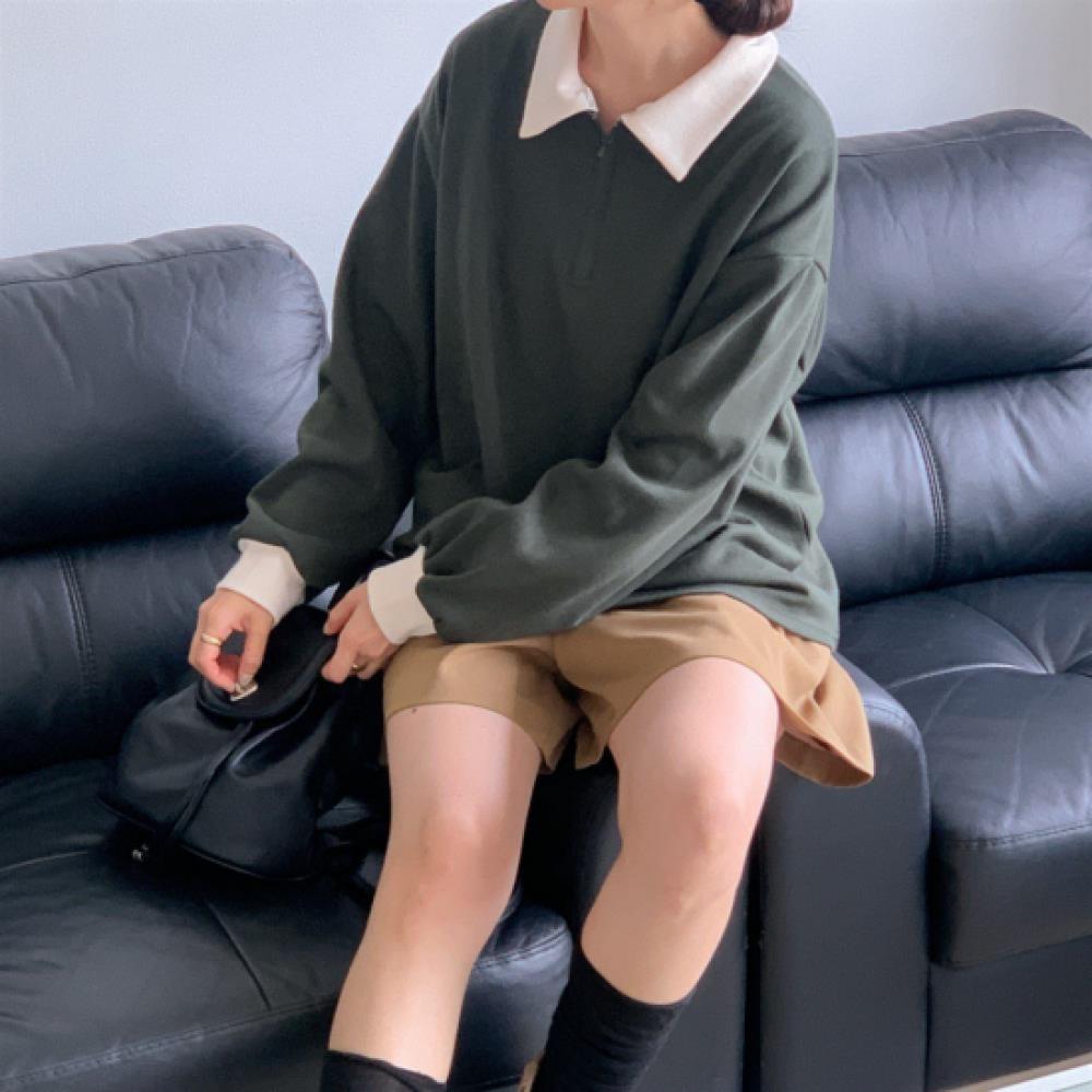 New Arrivals Open Run Women Color Block Half Zip Collared Oversized Fall T shirT