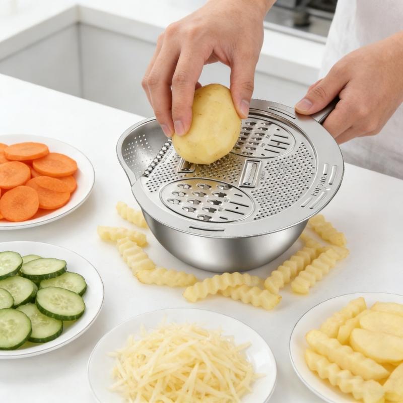 Steel Rice Washer Bowl with Side Drain Holes And Integrated Grater Small Colander for Cleaning Vegetable Bean Kitchen