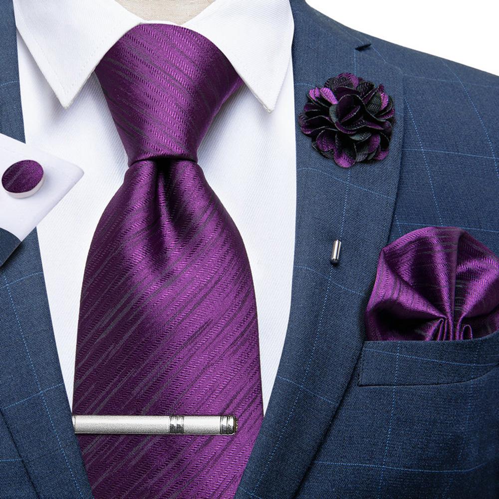 7 Colors Mens Plaid Paisley Silk Necktie Hanky Cufflink Tie Clip Boutonniere Set for Wedding Party