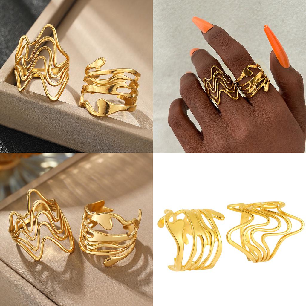2PCS Unique Rings Fashion Rings Set Irregular Lava Shape Opening Rings Stainless Steel Texture Present for Men and Women