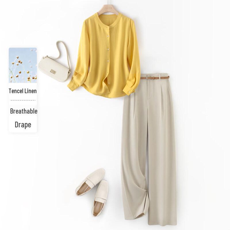 IHIMI Women s Tencel Linen Colorblock Shirt & Straight Pants Set M