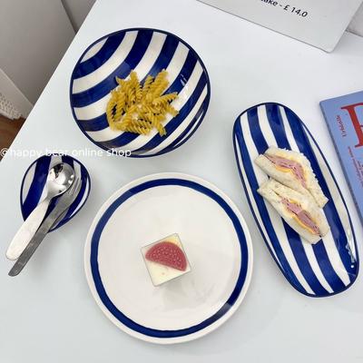 Korean Ins Retro Blue Line Ceramic Bowl Set,One Person Soup Plate Rice Bowl Home Accessories Bowls/Plates/Trays
